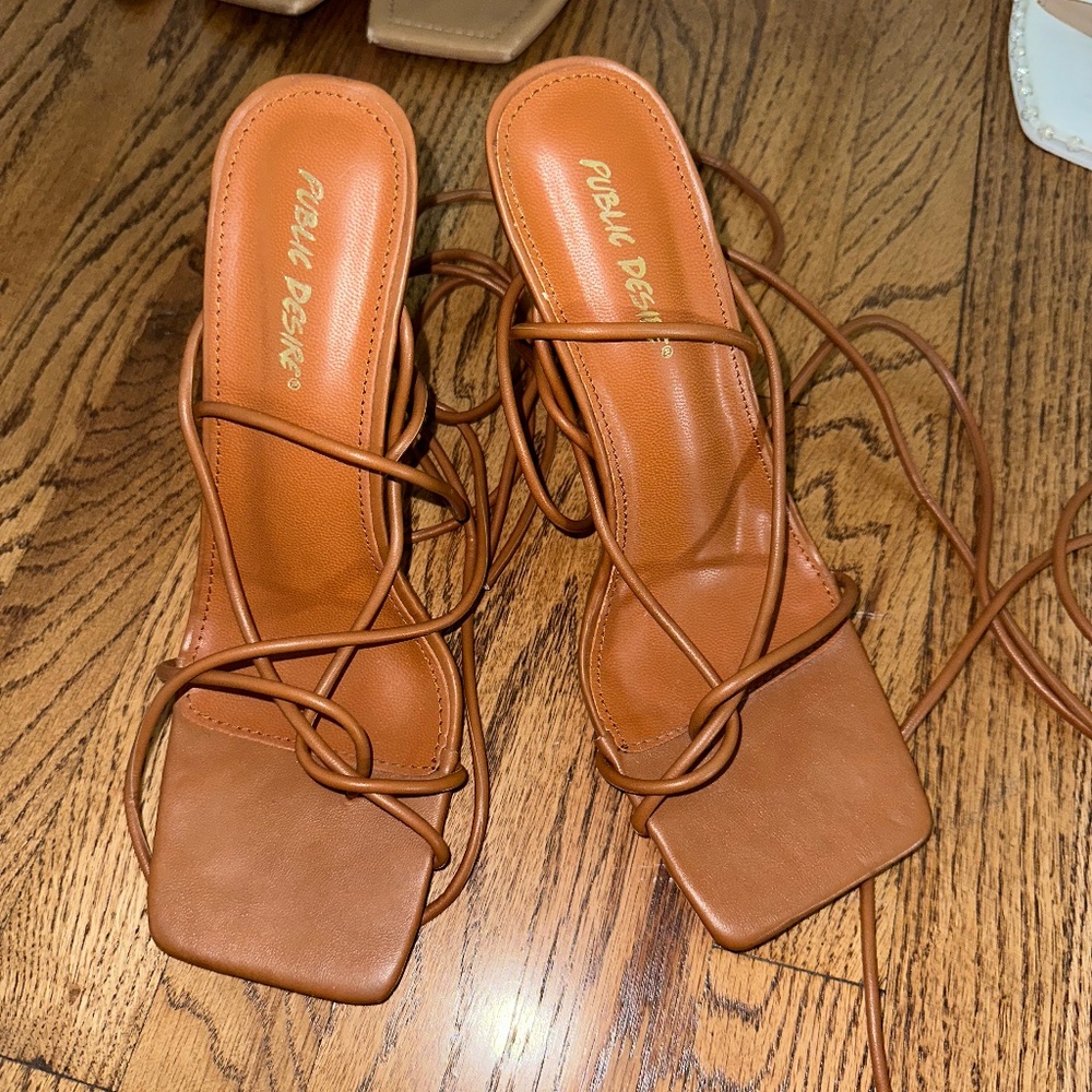 NWOT: Public Desire Brown Strappy Lace Up Sandal Heels Size US 10
